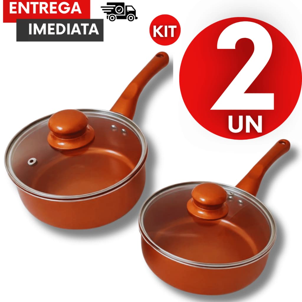 Combo Panela 16 e 18Cm Com Tampas Em Vidro Temperado Estilo Cobre Antiaderente Não Gruda Utensílios