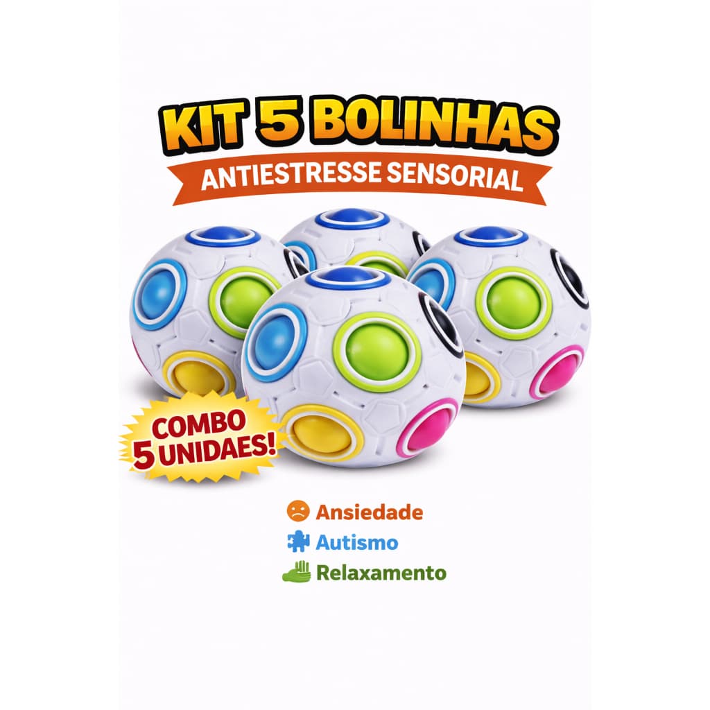 Kit 5x Bola Mágica Cubo Mágico Fidget Toy Antistress Rainbow Ball Quebra-Cabeça