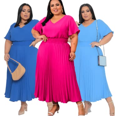 Vestido Feminino Longo Plissado Plus Size Gola V Elegante