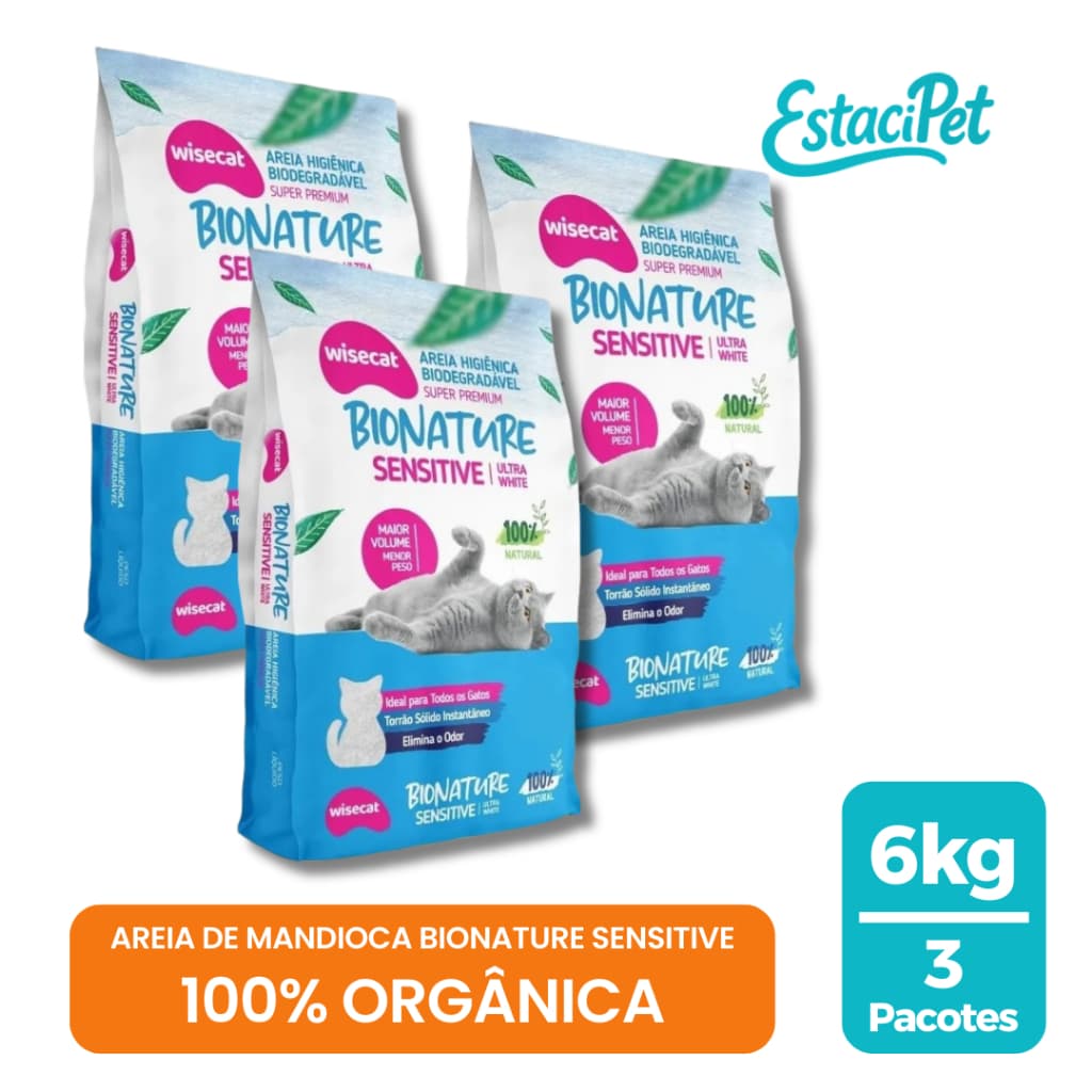 Kit 3 Unid Areia De Mandioca Para Gatos Wisecat Bionature Sensitive Grãos Finos - 2kg