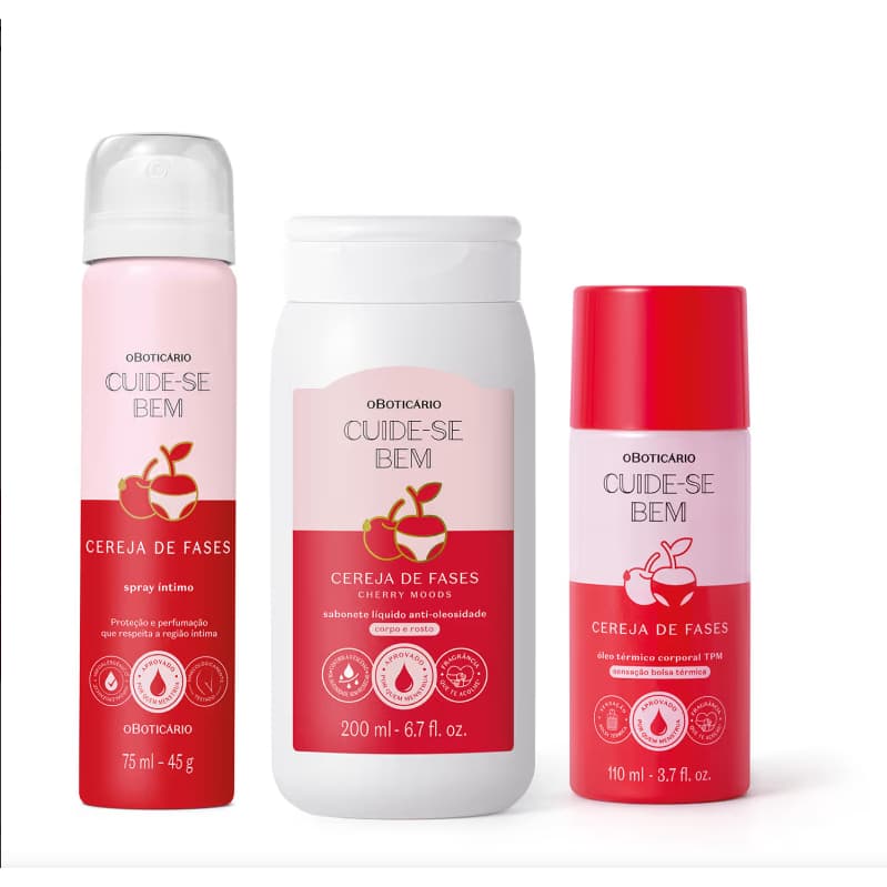 Combo Cuide-se Bem Cereja De Fases: Sabonete Líquido 2 em 1 200ml + Spray Íntimo Desodorante 75ml +Óleo Térmico Corporal