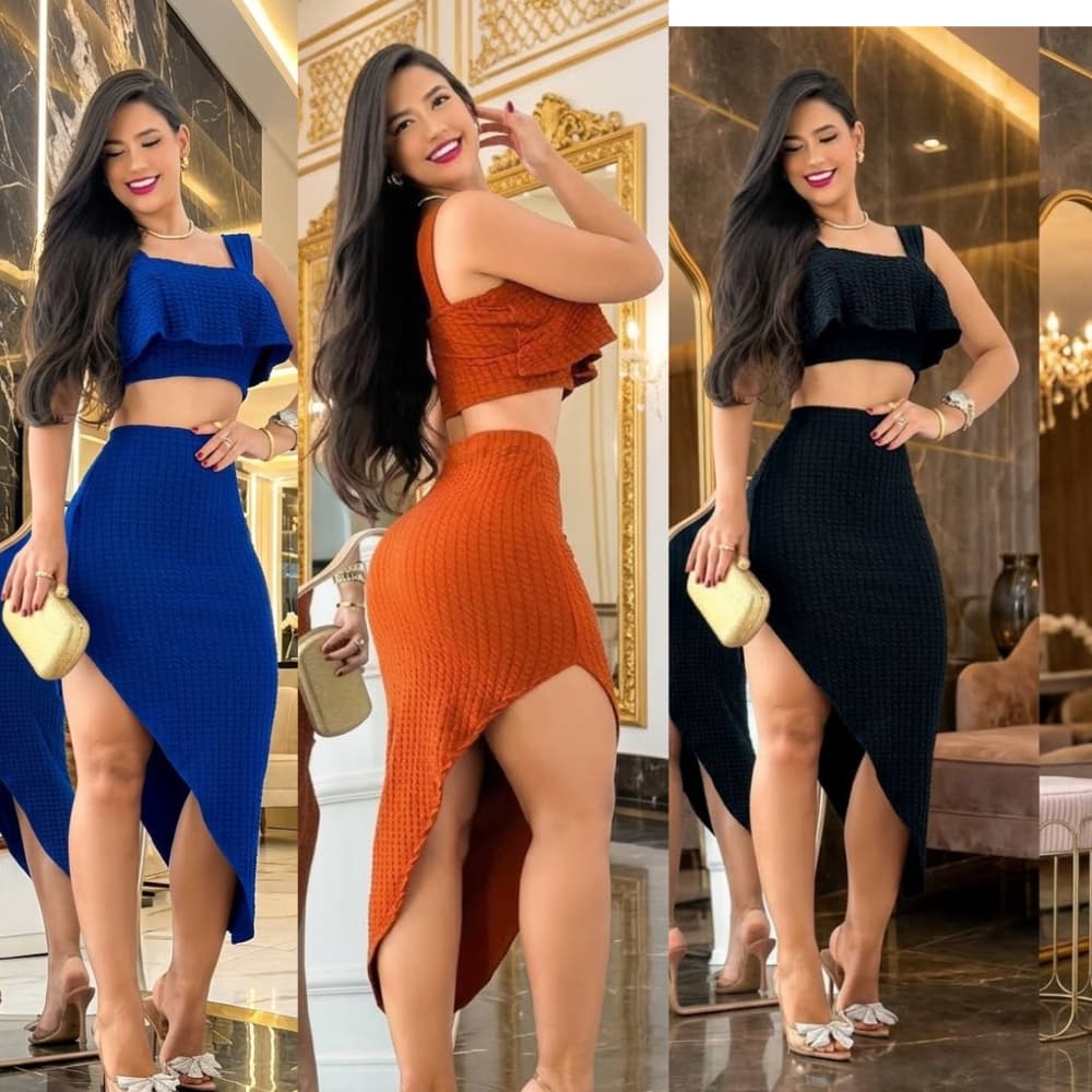 CONJUNTO FEMININO CASUAL ELEGANTE SAIA COM CROPPED E BABADO CON BOJO EM BUBLE PREMIUM (M) UNICO