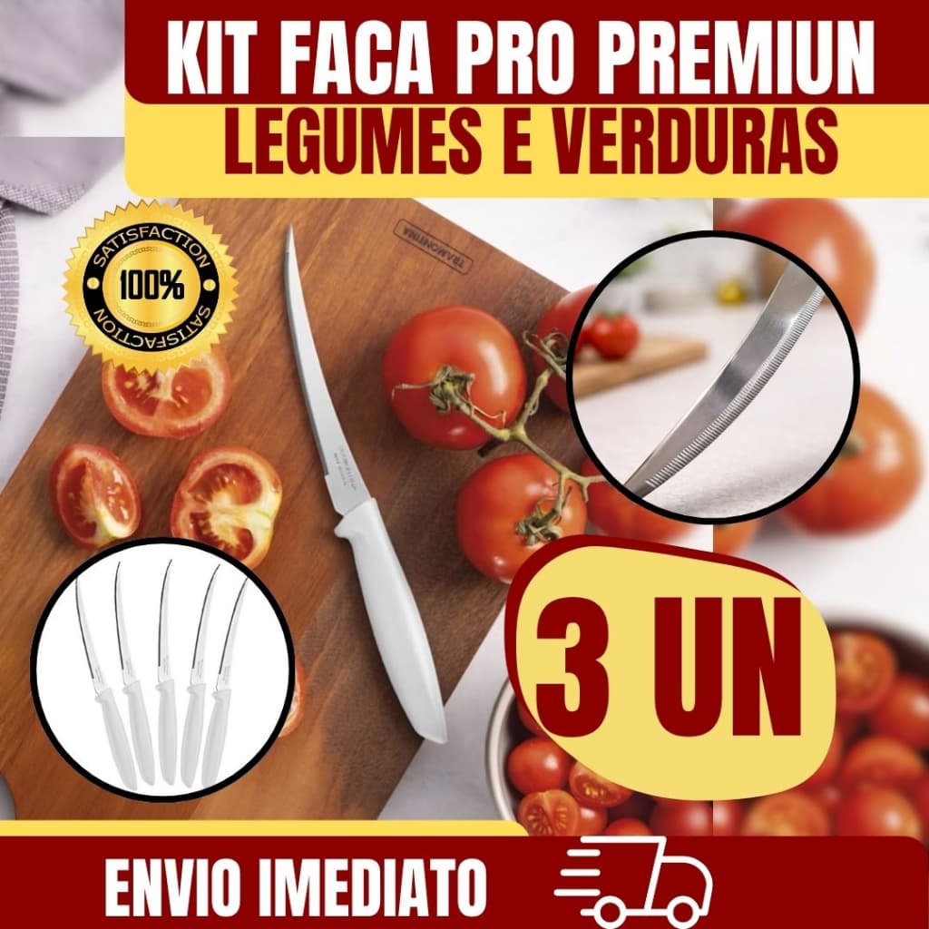 KIT 1/2/3 Faca Para Frutas Legumes e Verduras TOMATE - PRO 5´ 23CM Inox Branca RESISTENTE CHEF