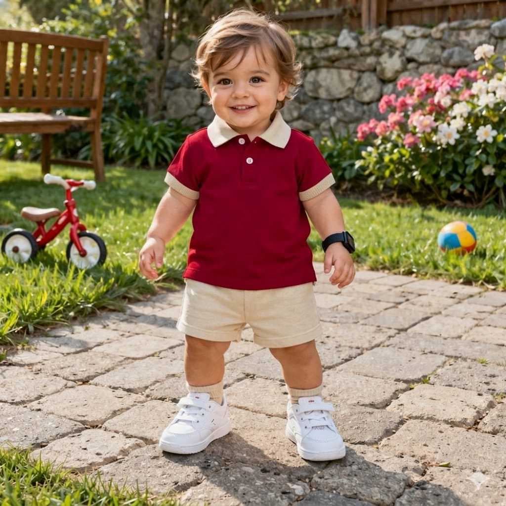Conjunto polo infantil casual elegante menino vermelho e bege