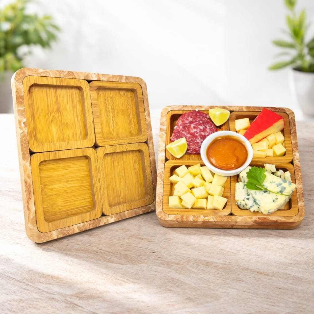 Petisqueira de Madeira com 4 Divisórias Quadrada Tabua Frios Petiscos Aperitivos Salgadinhos