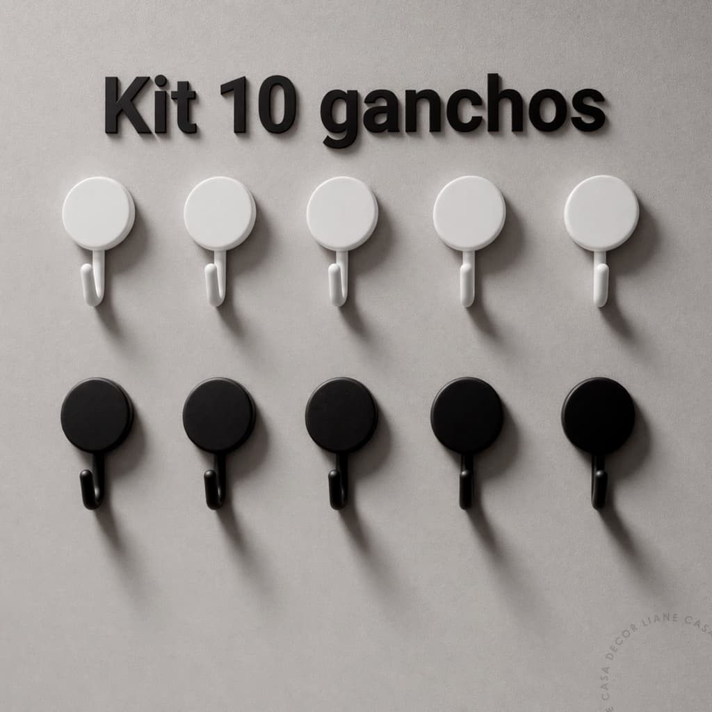 Kit 10 Ganchos Adesivos Organizador Multiuso Plástico Parede Preto e Branco Dupla Face