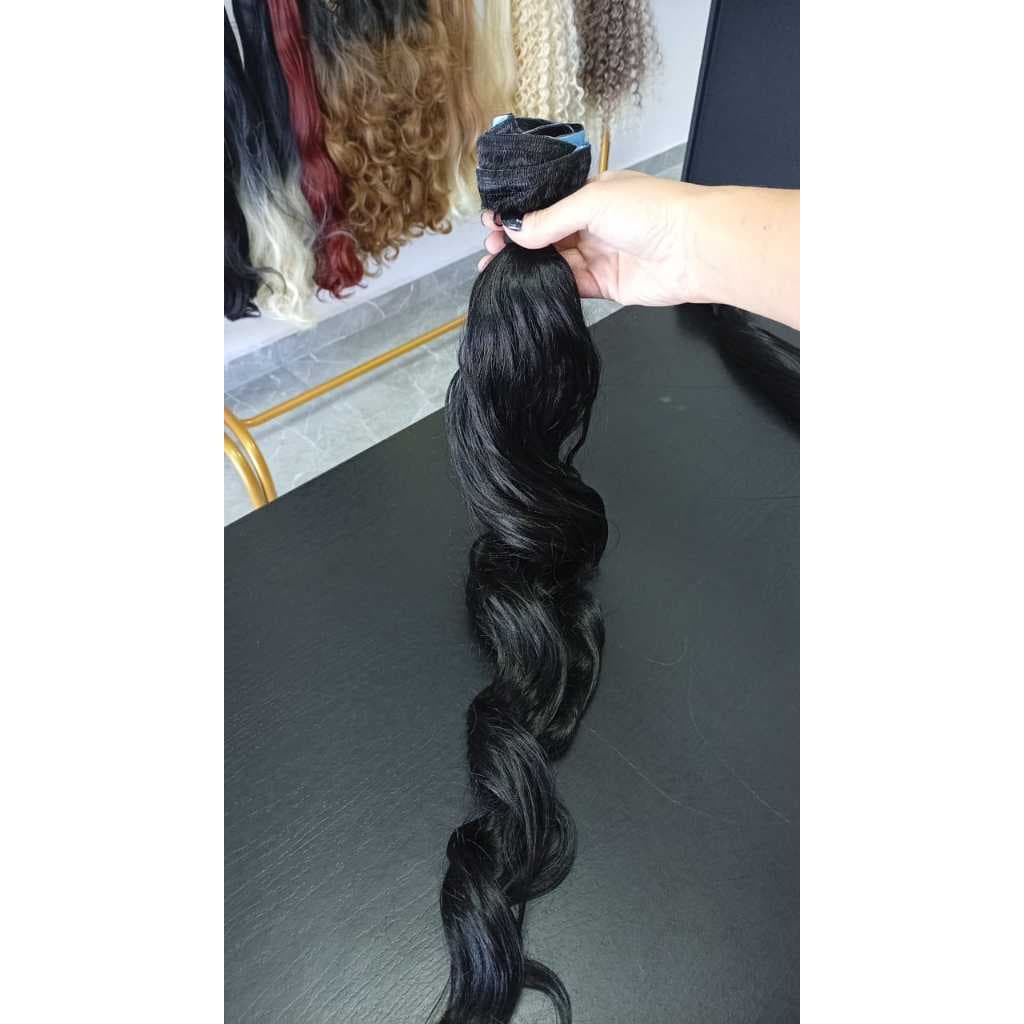 Cabelo na Fita Adesiva Fibra Russa 60cm Ondulado Preto Semi Humano