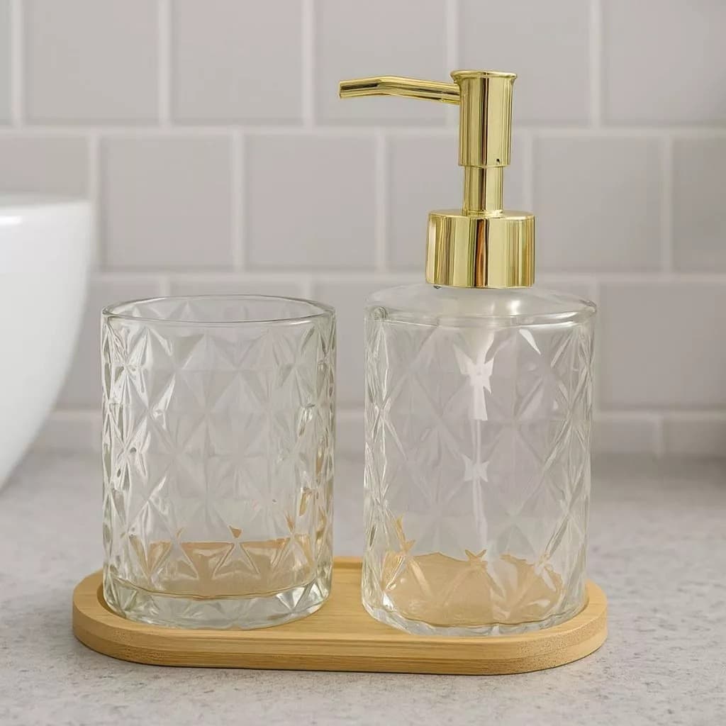 Kit Lavabo 3 Peças Vidro e Bambu Porta Sabonete Líquido Organizador Bandeja de Bambu- Prata/Dourado