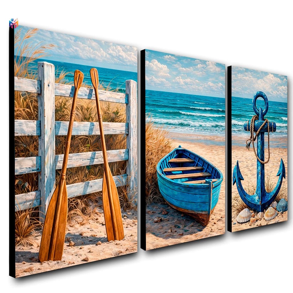 Quadros Decorativos Marítimo Trio Sala Praia Barco Âncora Azul Quarto Hall