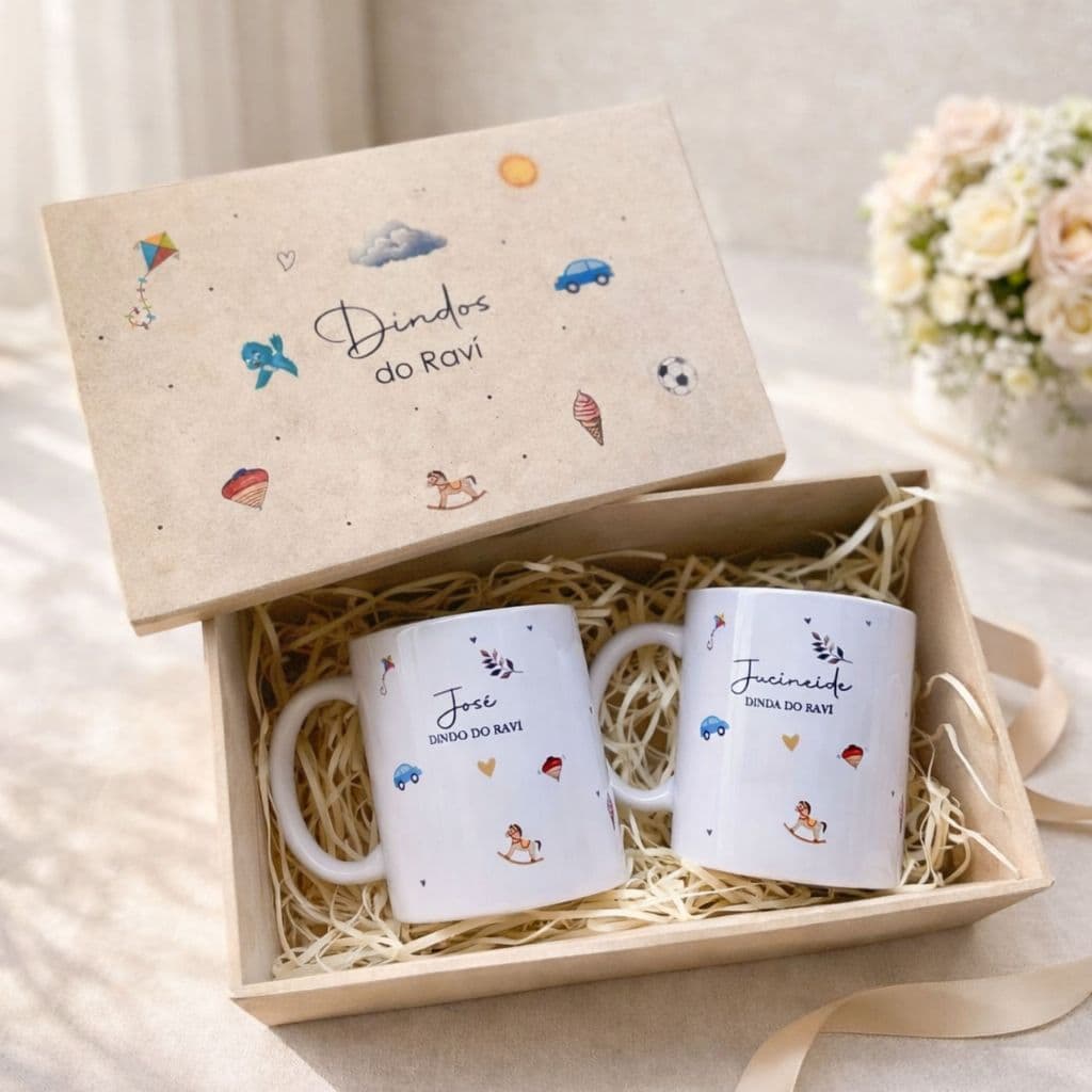 Kit Canecas Personalizadas Dindo e Dinda Presente Padrinhos de Batizado Nascimento