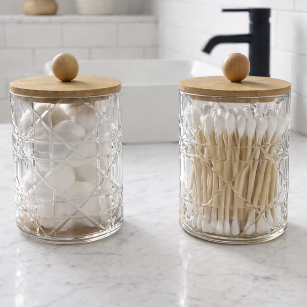 Porta Cotonetes Algodão E Temperos Acrilico Com Tampa De Bambu Porta Condimentos Organizador