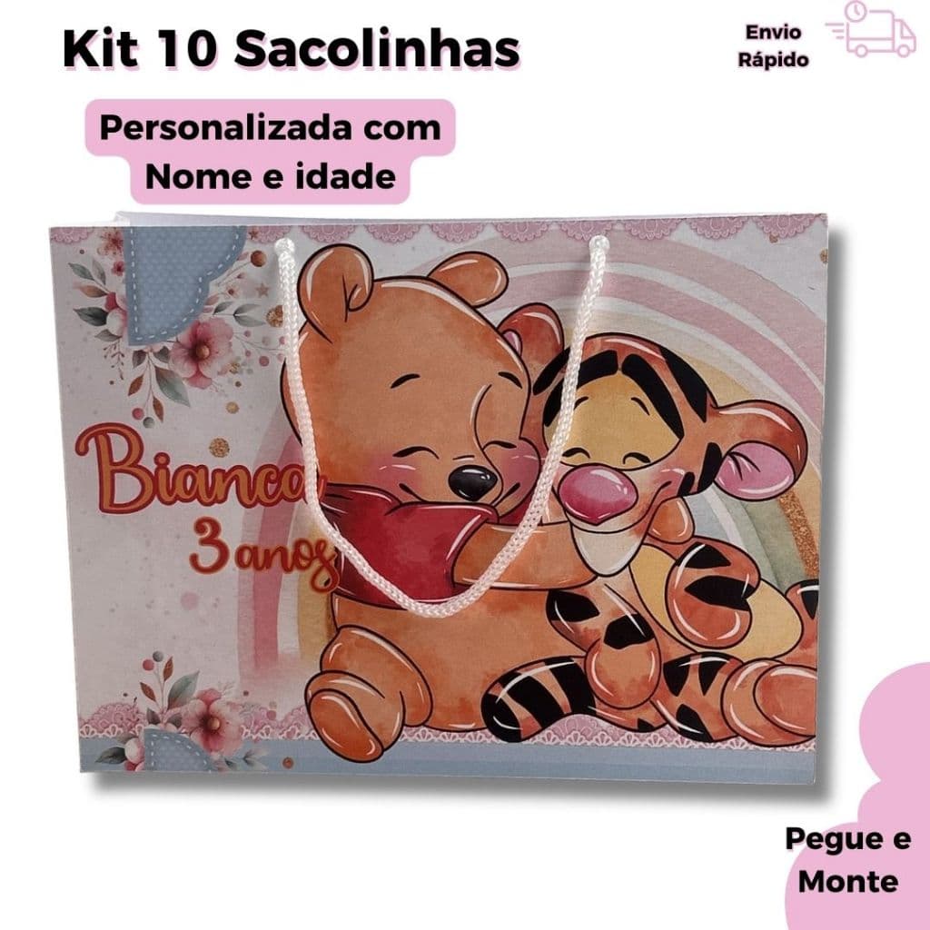Kit Sacolinha Personalizada Ursinho Pooh|Lembrancinhas Festa Infantil |Sacola Papel  Pegue e Monte