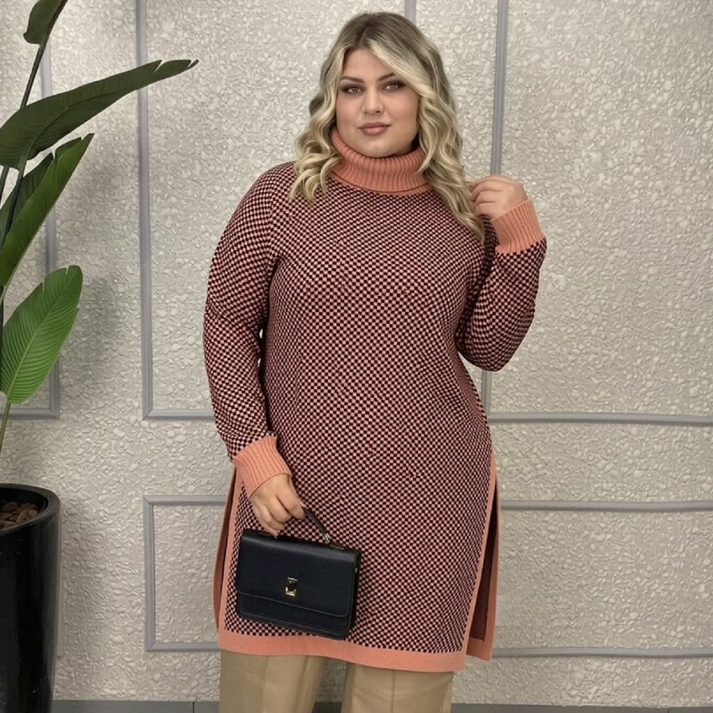 Poncho Feminino Manga Longa Plus Size Gola Alta Xadrez Frio Inverno