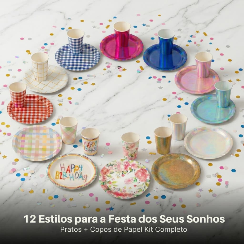 Kit 20 Itens 10 Pratos e 10 Copos Papel Descartável Festa Aniversário Diversas Opções de Decoração