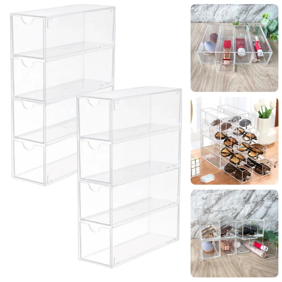 Kit Organizador Gaveteiro 4 Gavetas Acrílico Porta Maquiagem Cosméticos Óculos Pincéis Cápsulas Café