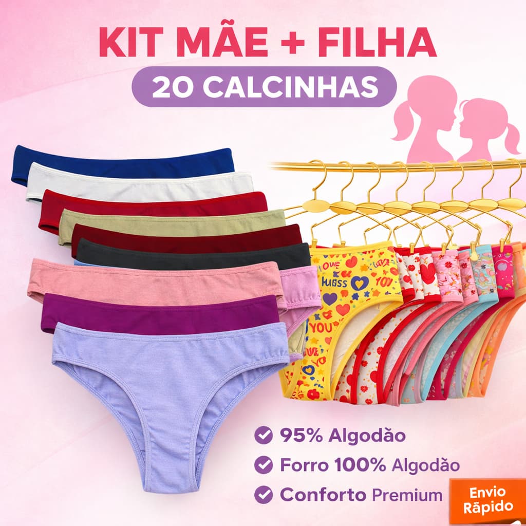 Kit de Calcinhas Mãe e Filha com 20 Peças em Cotton com Forro 100% Algodão
