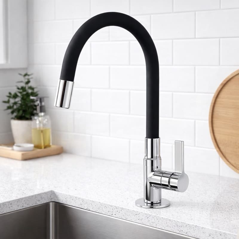 Torneira De Cozinha Gourmet Preta Bancada De Metal Tubo Silicone Flexivel Preto
