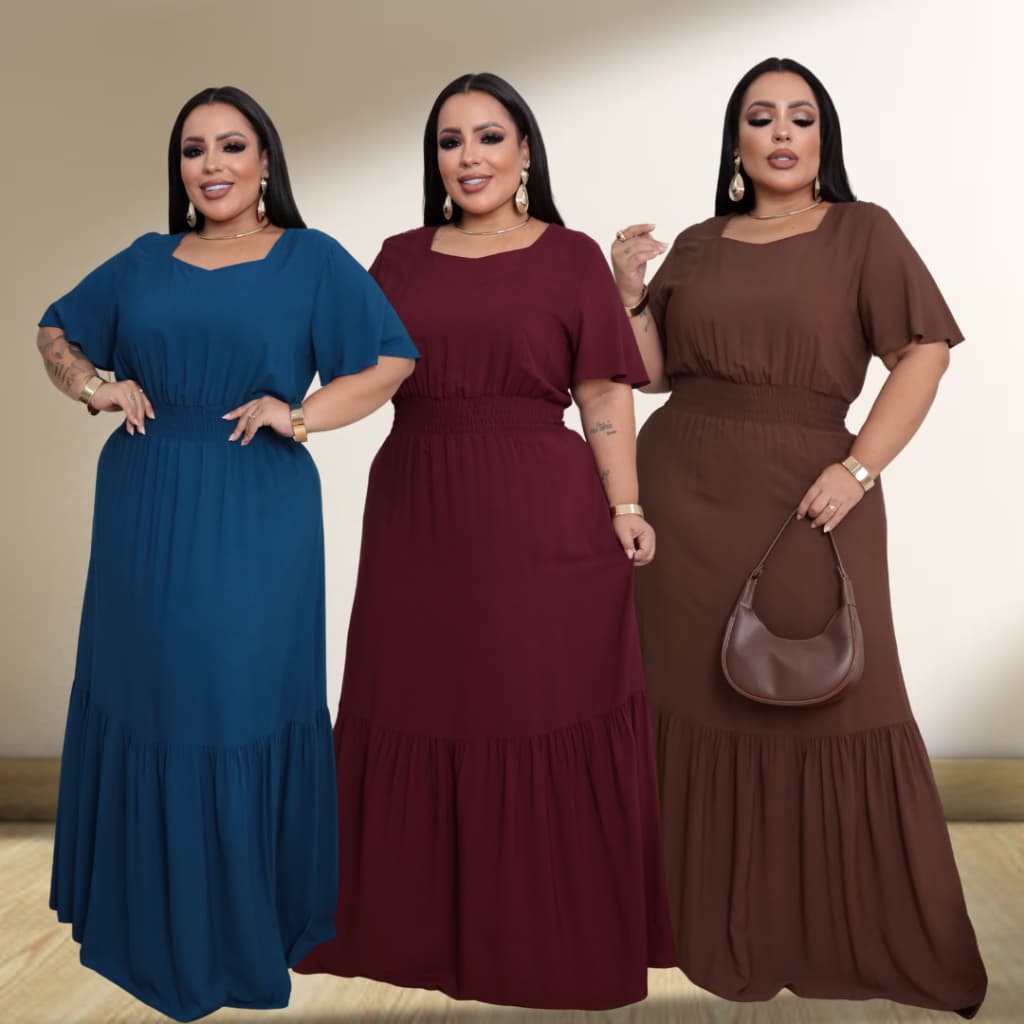 Vestido Feminino Longo Casual Plus, Gola Princesa, com Lastex no cós