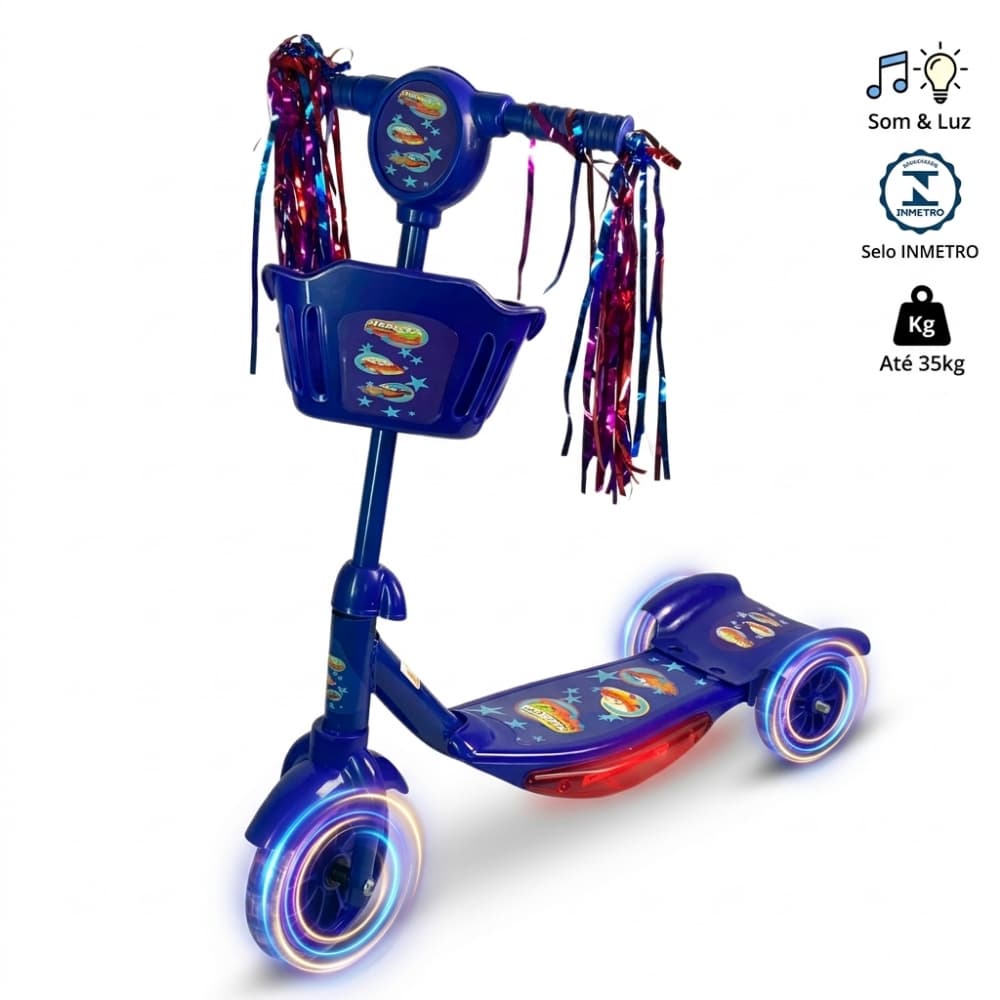Patinete Infantil 3 rodas Dobrável com Som e luz Cor Azul menino brinquedo presente  criança