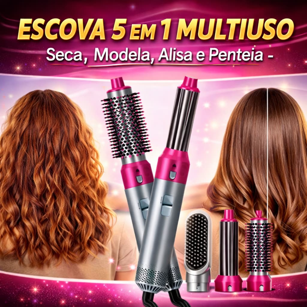 Escova Secadora 5 em 1 Profissional  Seca Alisa Modela Cachos Escova Rotativa Ar Quente Anti Frizz
