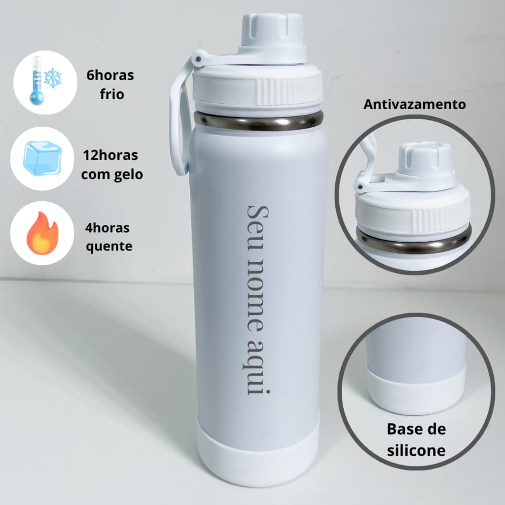 Garrafa Térmica Personalizada Branca 800mL com Gravação a Laser – Ideal Para Água Café Academia e Dia a Dia