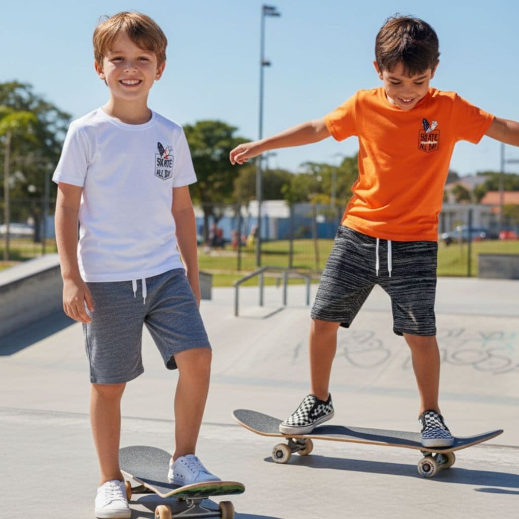 Conjunto Infantil Juvenil Verão  Menino Camiseta Manga Curta Skate e Bermuda Confortável Moletinho