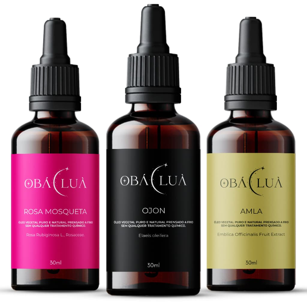 Kit OBÁ LUÀ Rosa Mosqueta Rubiginosa, Amla e Ojon - Óleos Vegetais Puros - Uso Capilar e Corporal
