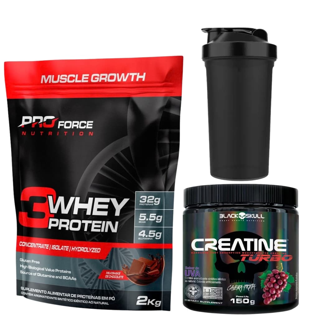 Kit Whey Protein 2kg Pro Force Nutrition + Coqueteleira | Opção Creatina 150g Black Skull