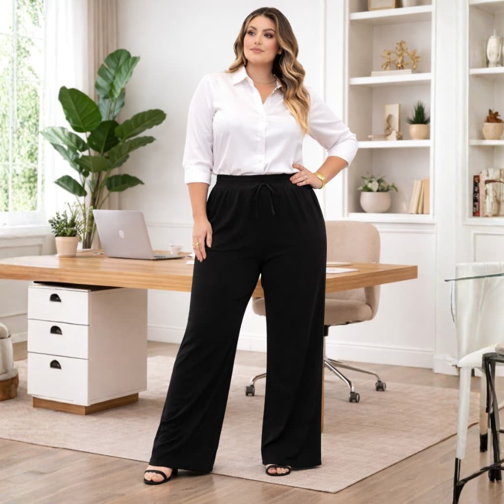 Calça Pantalona Feminina Preta Escritorio Plus Size Algodão com Bolso