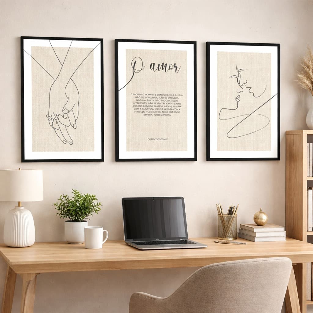 Kit 3 Quadros Decorativo Amor Frase Coríntios 13.4-7 Quarto Sala Copa 3 Peças Religioso