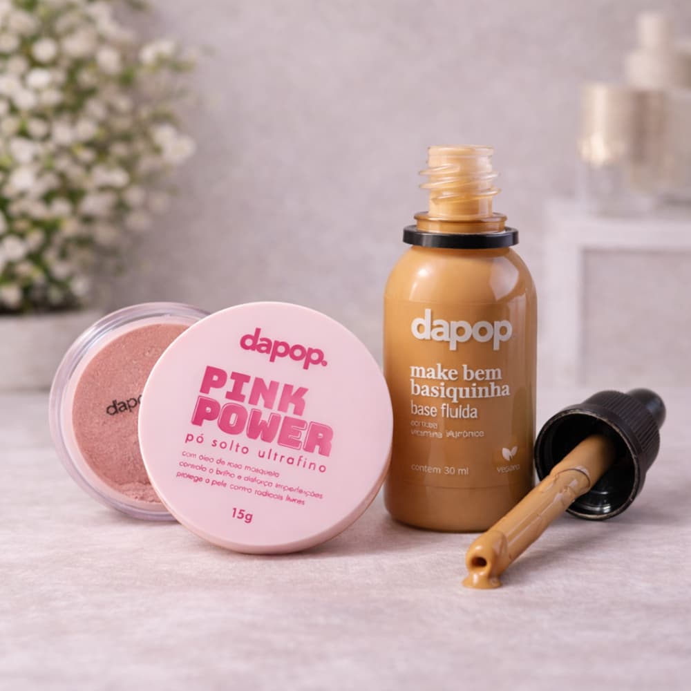 Kit Pele Perfeita: Base Fluída Bem Basiquinha Dapop + Pó Solto Pink Power - Vegana, Efeito Natural