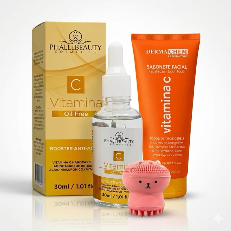 Kit Vitamina C Clareador Facial Completo + Limpeza Profunda com Escova Silicone | Pele Lisa, Iluminada e Sem Manchas