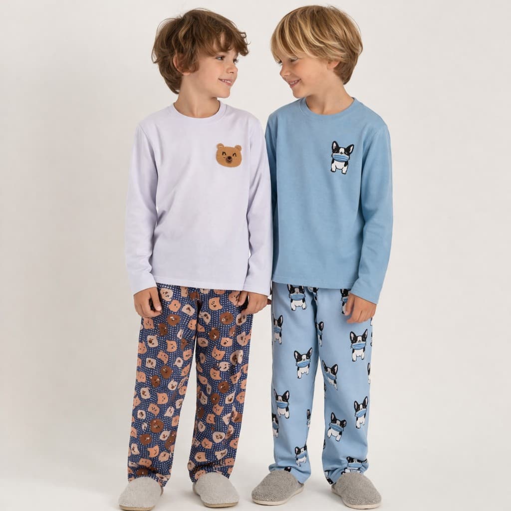 Kit Pijama Infantil Masculino Inverno 2 Conjuntos 100% Algodão Manga Longa Roupa de Dormir Menino 2 4 6 8