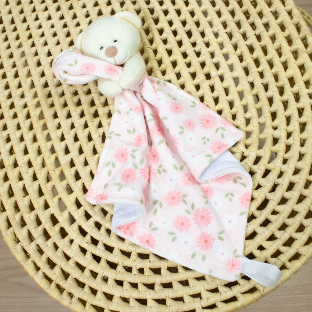 Naninha Estampada com Margaridas Rosa Tecido Hipoalergênico Pelúcia Macia Plush Prendedor de chupeta
