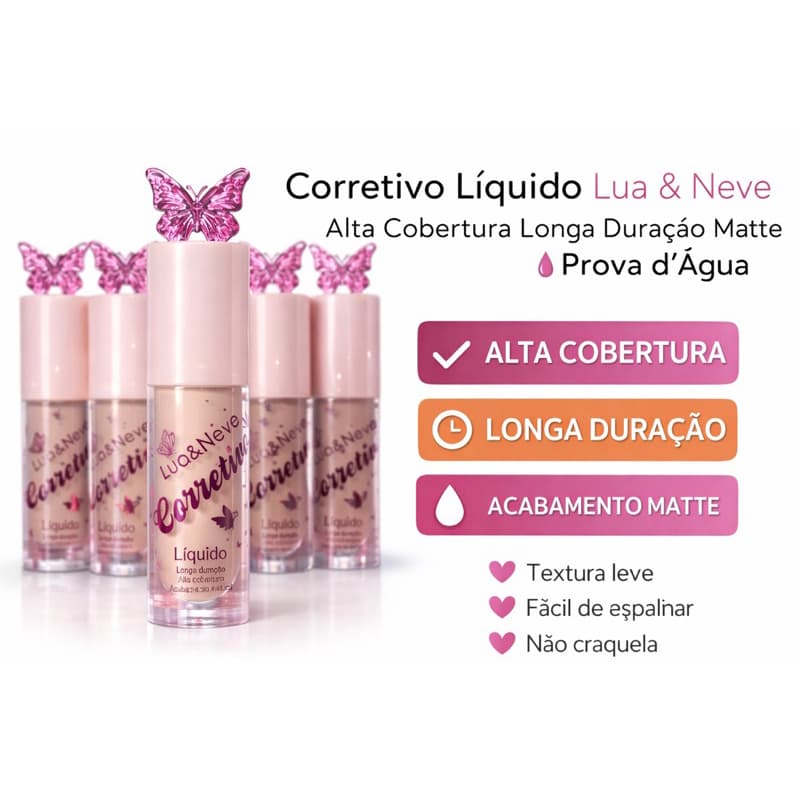 Corretivo Lua & Neve Alta Cobertura Matte Longa Duração Prova D’Água Tons 1 ao 6 Não Craquela Profissional