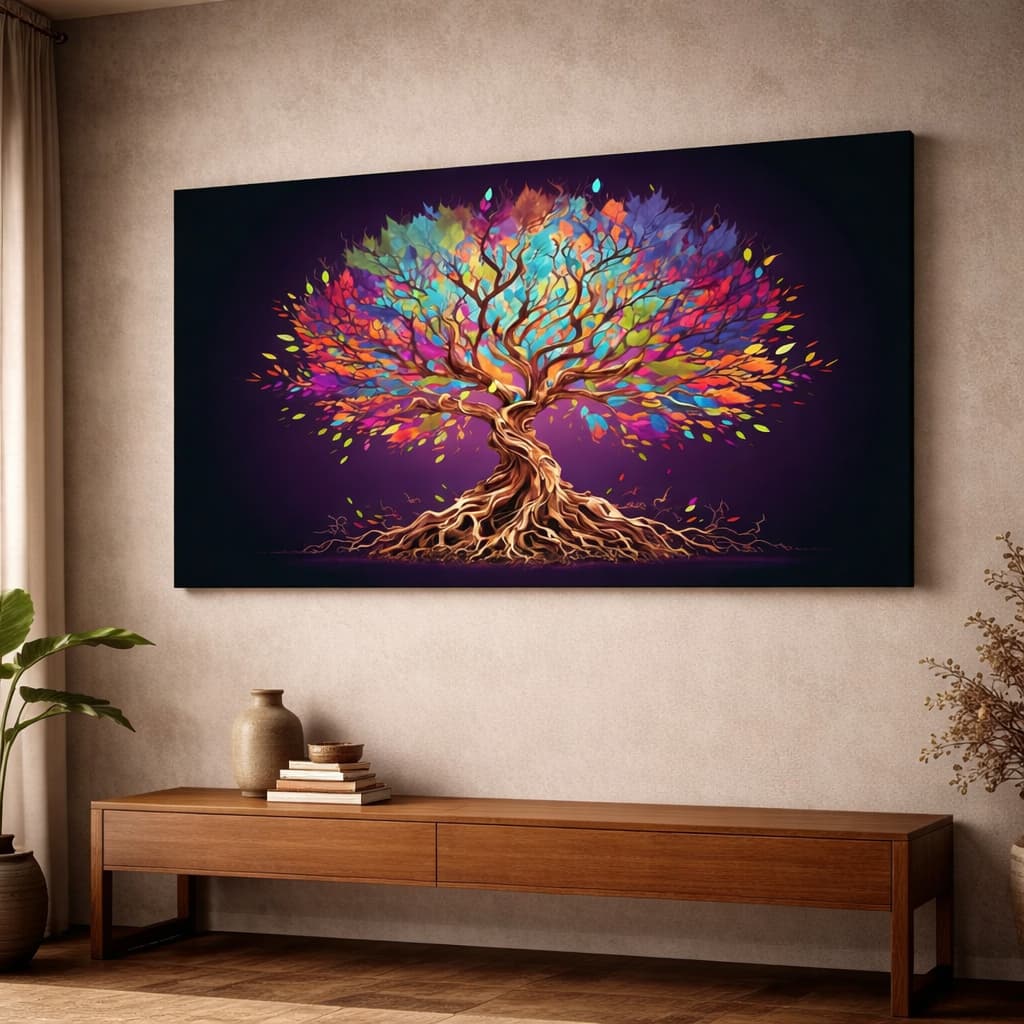 Quadro Decorativo Árvore da Vida Encantada em Pintura Colorida Vibrante Abstrata Horizontal Luxuosa