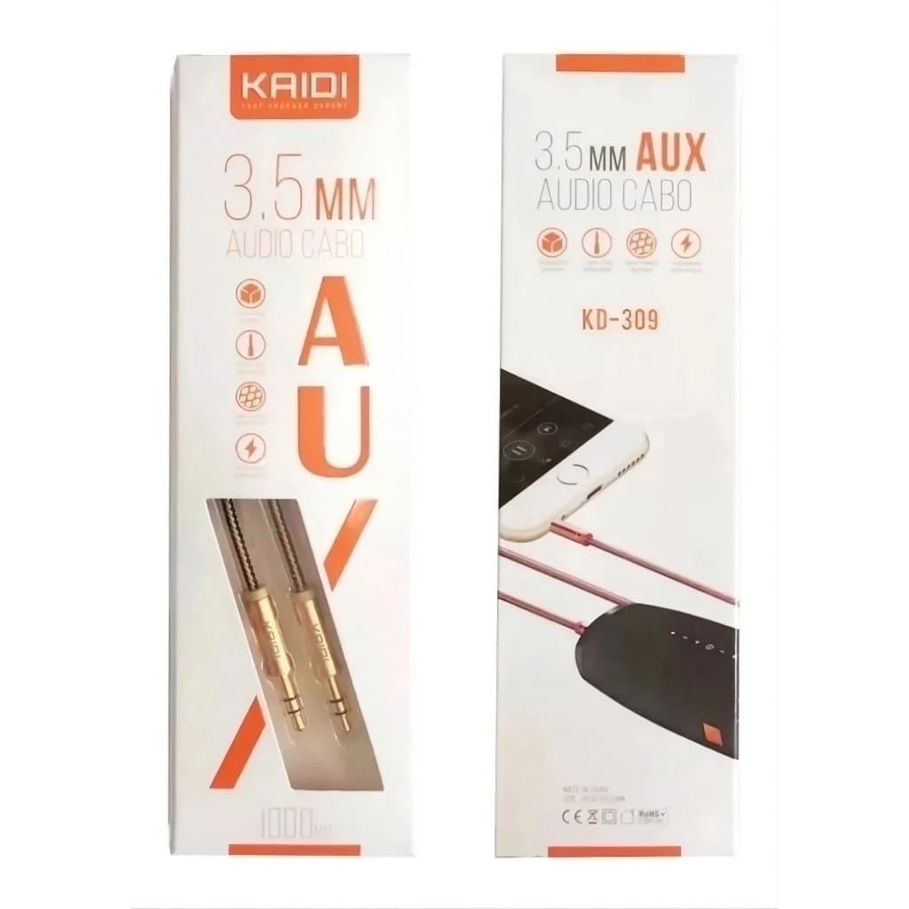 Audio Cabo 3.5mm Aux 1 metro Kaidi P2 para P2 Celular e Caixinha de Som cabo grande 1000mm.