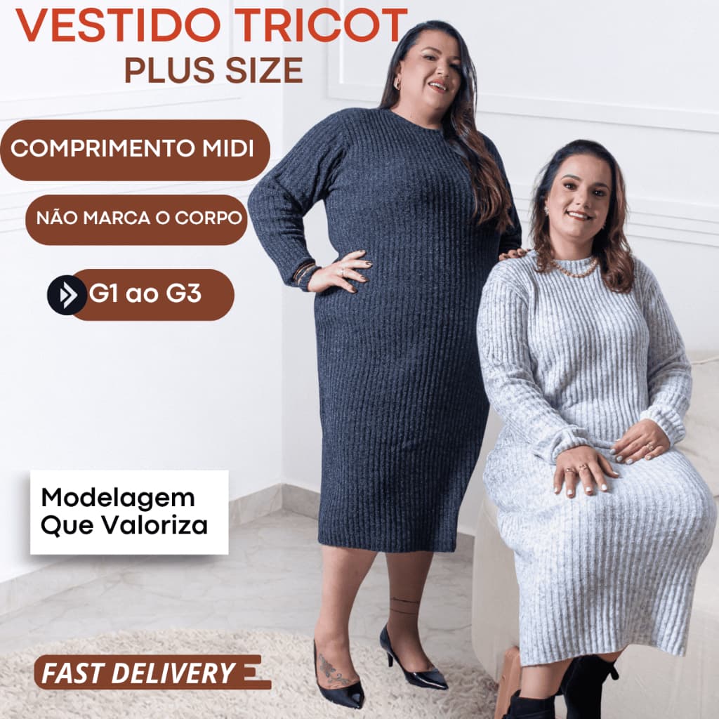 Vestido Tricô Plus Size Feminino Canelado Midi Manga Longa Não Marca G1 G2