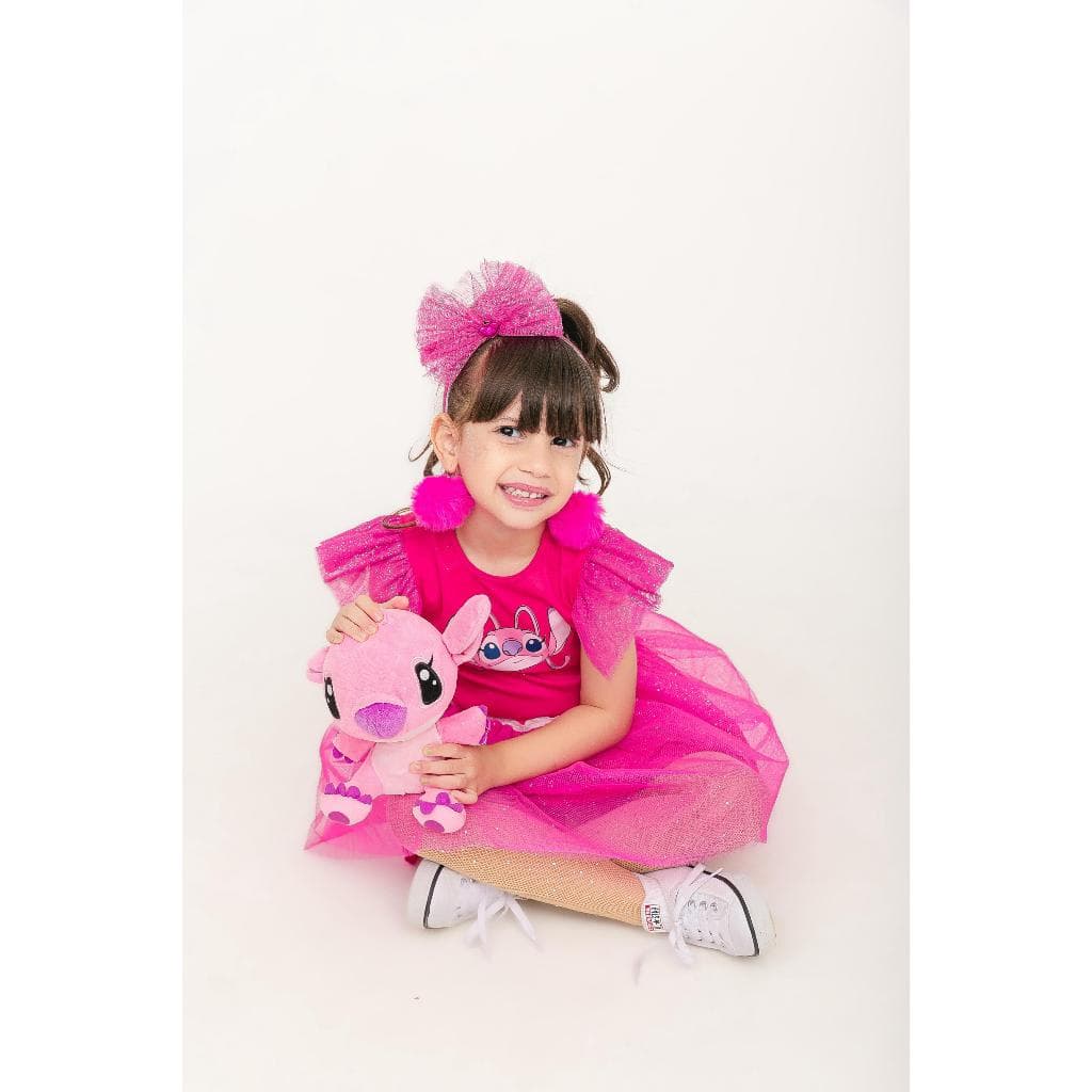 Fantasia Stitch Angel com Tiara Roupa Festa Cosplay Menina Infantil Luxo