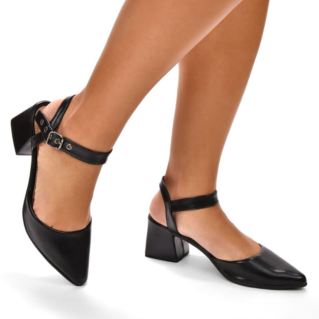 Sapato Scarpin Feminino Bico Fino Fechado CM Calçados Social Trabalho Salto Bloco Quadrado Alto Confortável Tira Fivela