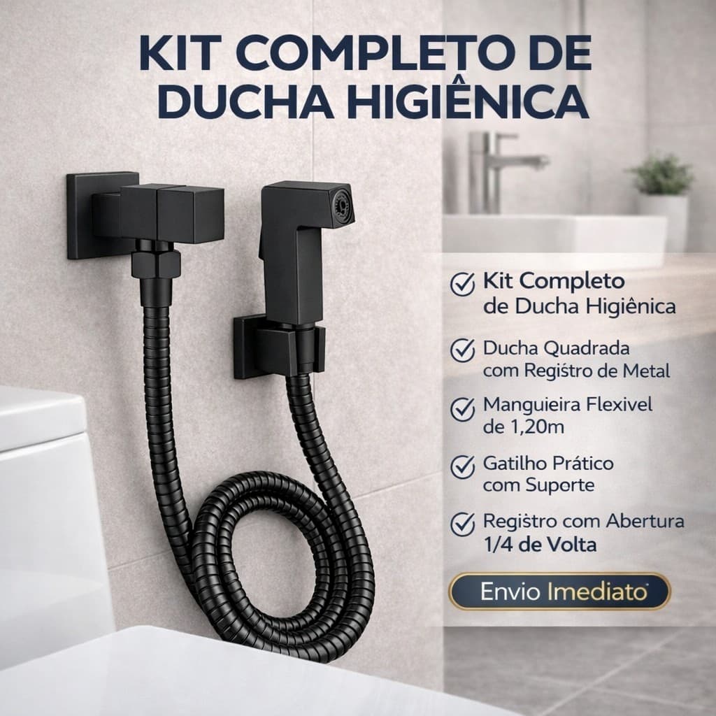 Ducha Higiênica Completa Quadrado Preto Fosco Black Edition