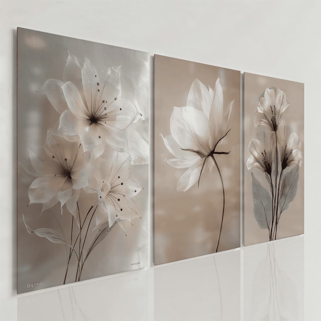Quadros Decorativos Flores Brancas Minimalistas Bege Neutro Kit 3 Peças Sala Clean Sofisticada