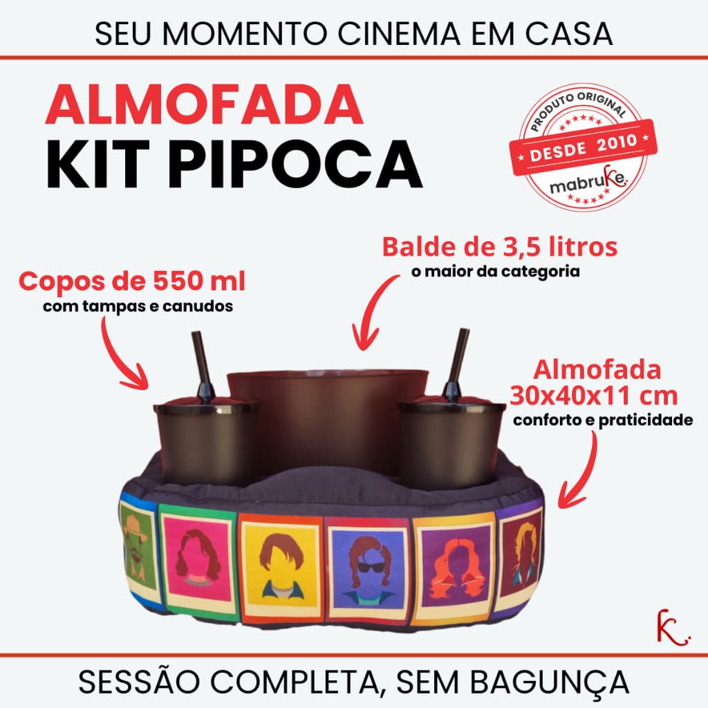 🍿Kit Pipoca Duplo STRANGER THINGS Mabruke – Presente Criativo para Namorados – Almofada Porta Copos  Balde Cinema  Casa