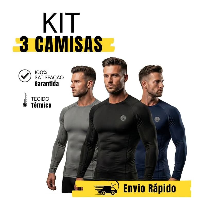 KIT 3 CAMISA TÉRMICA SEGUNDA PELE PROTEÇÃO UV50+ Camiseta Blusa Malha Fria Academia Manga Longa Masculina