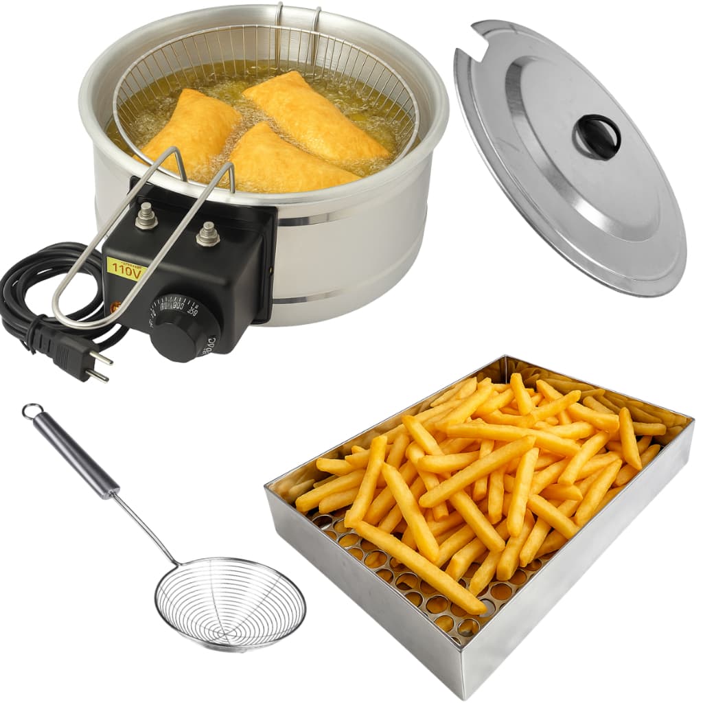 Kit Fritadeira Elétrica Industrial Tacho Redonda Profissional 5L + Tampa + Escorredor + Escumadeira