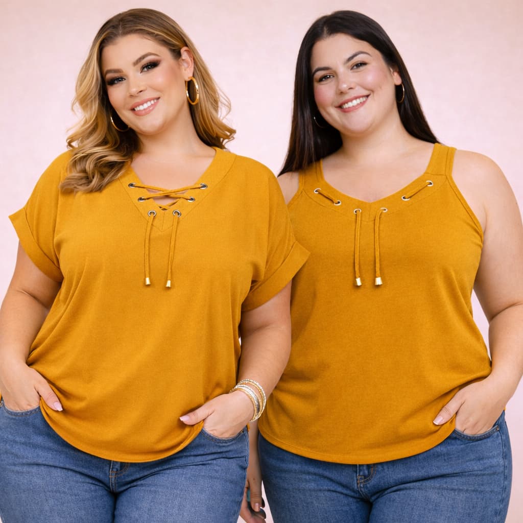 Kit 2 Blusas Feminina Manga Morcego e Alça Decote V Detalhe ILhós Dia A Dia Mid Size e Plus Size