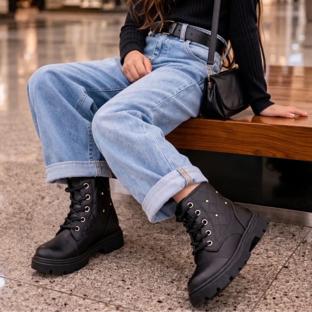 Bota Coturno Infantil Feminina Strass Tratorada Antiderrapante Confortável Menina Fosty Store