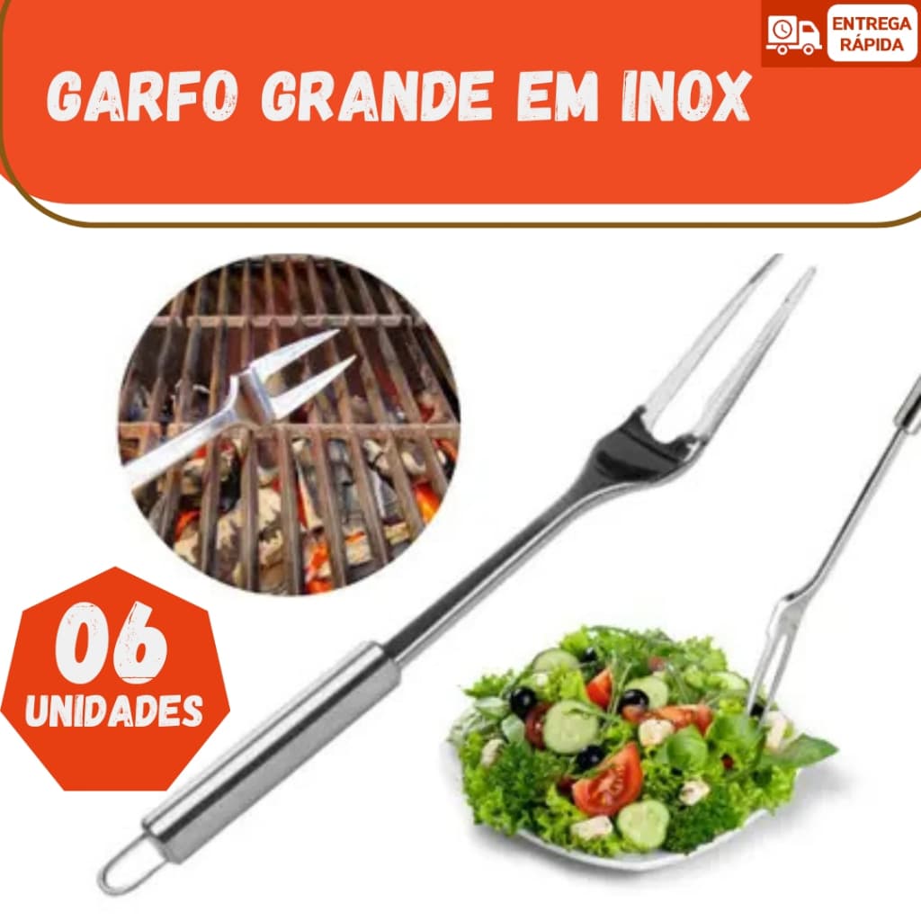 Kit 06 ou 04 ou 02 Garfos Trinchante Grande 35cm Aço Inox Resistente para Churrasco Cozinha Restaurante