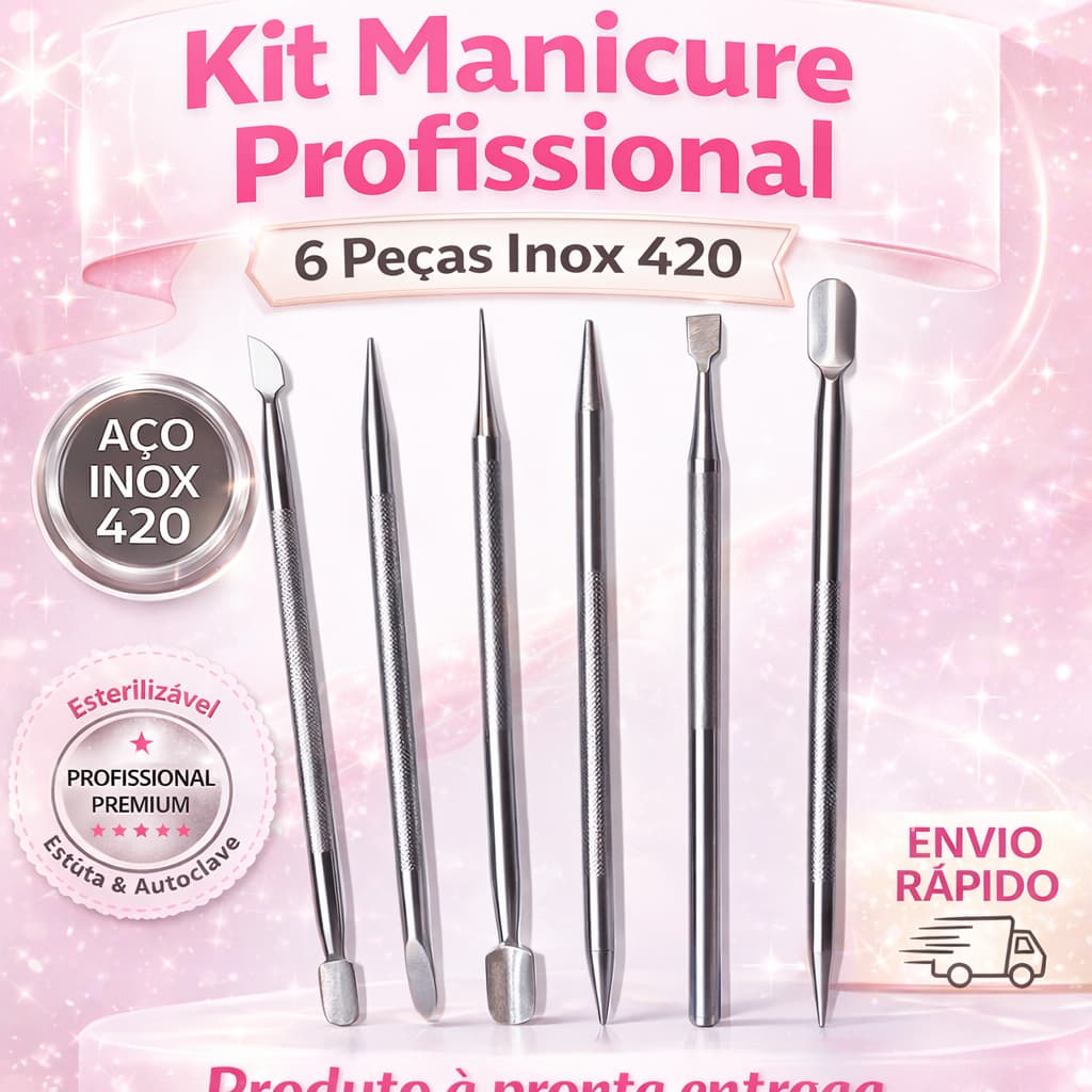 Kit Manicure Profissional Inox 420 6 Peças Espátula Cutícula Palito Esterilizável