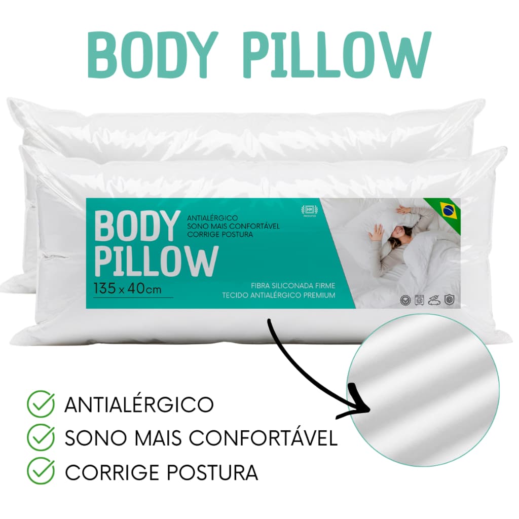 Kit 2 Travesseiro De Corpo Xuxao Gigante 1,35m x 40cm Fibra Siliconada Firme Antialérgico Lavável